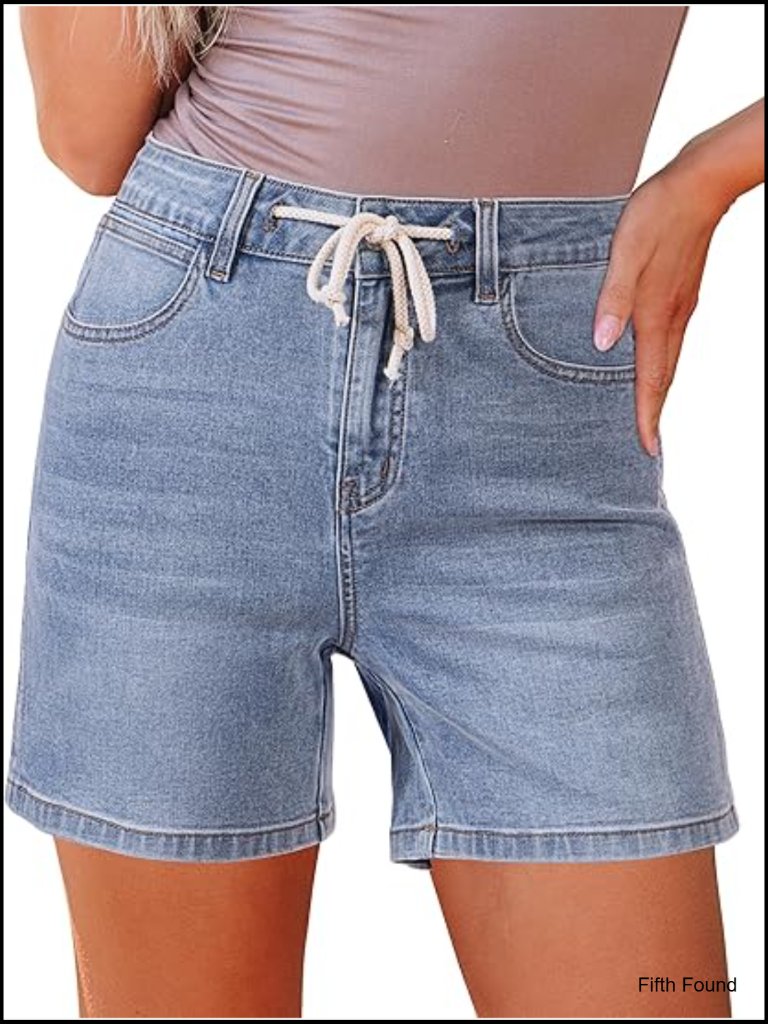 High Waisted Jean Shorts With Pockets Drawstring Stretchy Denim Summer Casual